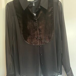 Black Sheer Tuxedo Blouse with Velvet Trim
